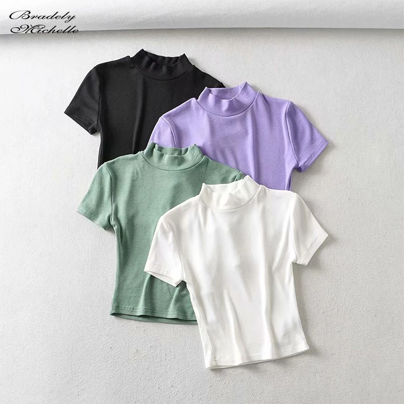 Bradely Michelle Fashion Sexy Summer Woman Slim Fit T-shirt Tight Cotton Short-Sleeve Turtleneck Tee Crop Tops