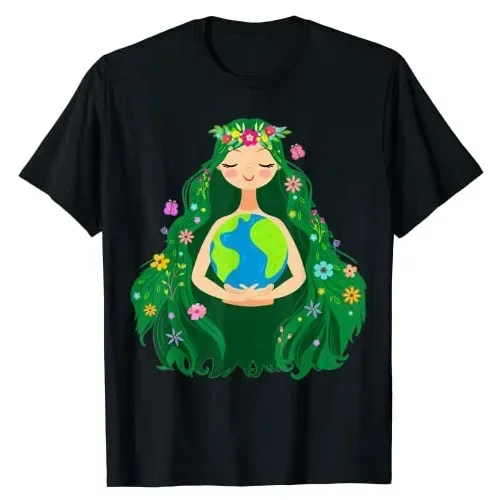 Green Mother Earth Day Gaia Save Our Planet Women Girl Kids T-Shirt Nature Goddess with Flowers In Her Hair Loves Our Planet Tee