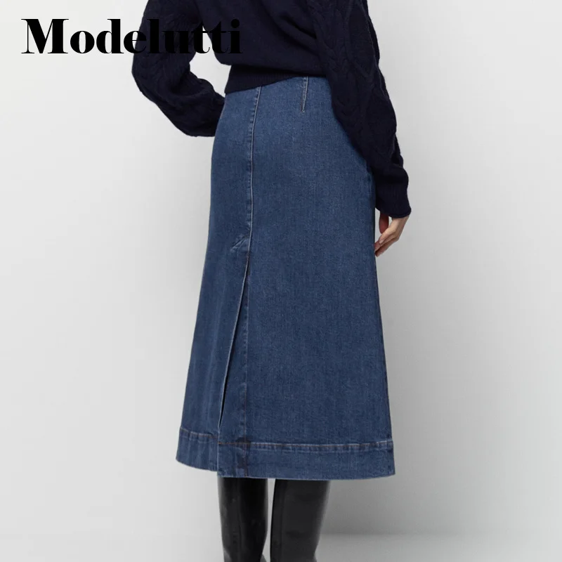 New Spring 2023 Autumn Fashion Denim Midi Skirt Button Design Split Skirt Women Solid Simple Casual Bottoms Female