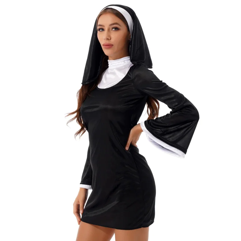 Halloween Church Religious Convent Nun Uniform Sexy Lady High Neck Long Flare Sleeve Dress With Headscarf Nun Superior Costume