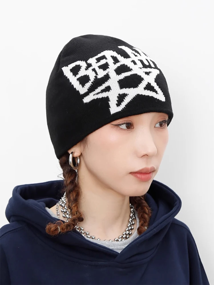 Women Hat Beanie Knitting Letter Star Graphic Winter Y2k Streetwear Black Aesthetic Korean Fashion Pullover Kpop Hip Hop Unisex