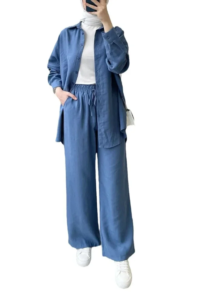 Women Eid Muslim Sets Two Pieces Morocco Ramadan Drawstring Ensemble Kaftan Button Blouses Wide Leg Pants Sporty Pockets