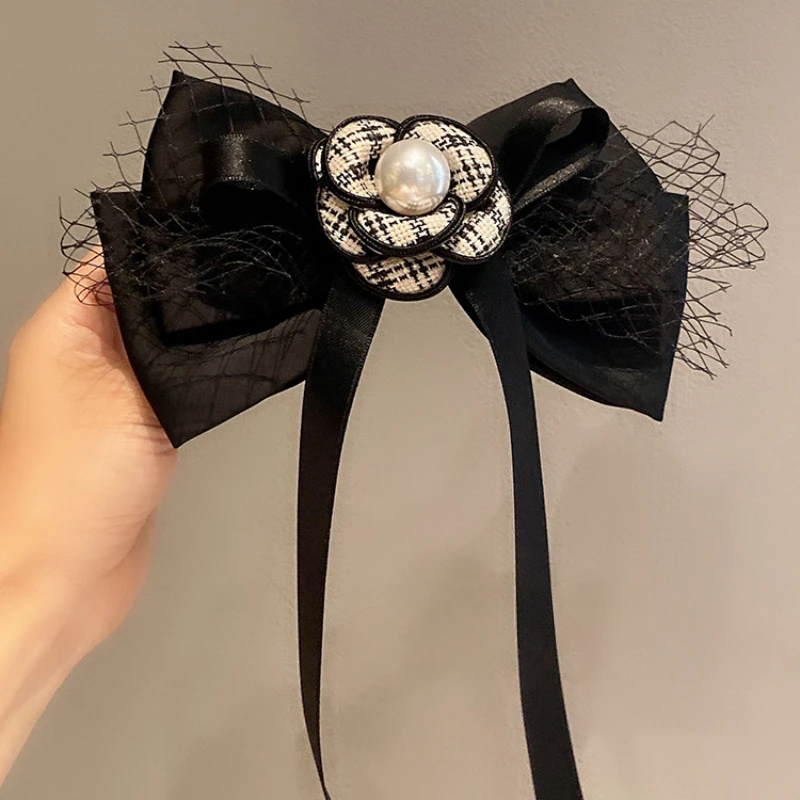 Korean Satin Black Bow Knot Camellia Flower Spring Hair Clips Hairpin Female Design Sense Grid Fashion Temperament Top  New