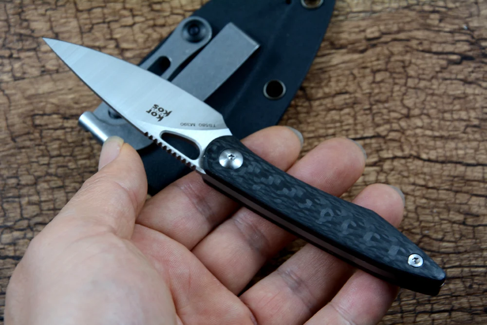 TWOSUN TS580 M390 Blade Hunting Fixed Knife Black Carbon Fiber Handle with Kydex Sheath Outdoor Camping EDC