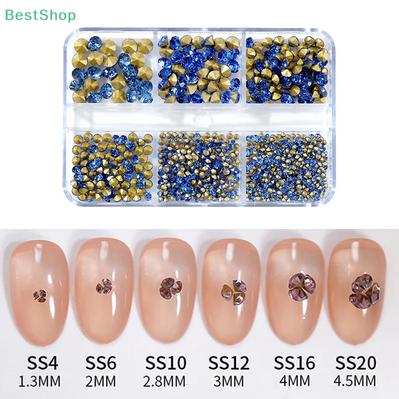 Strass pour Nail Art à fond pointu mixte, 6 grilles, pierres précieuses brillantes en cristal coloré 3D, adaptées au bricolage, fournitures de décoration pour Nail Art