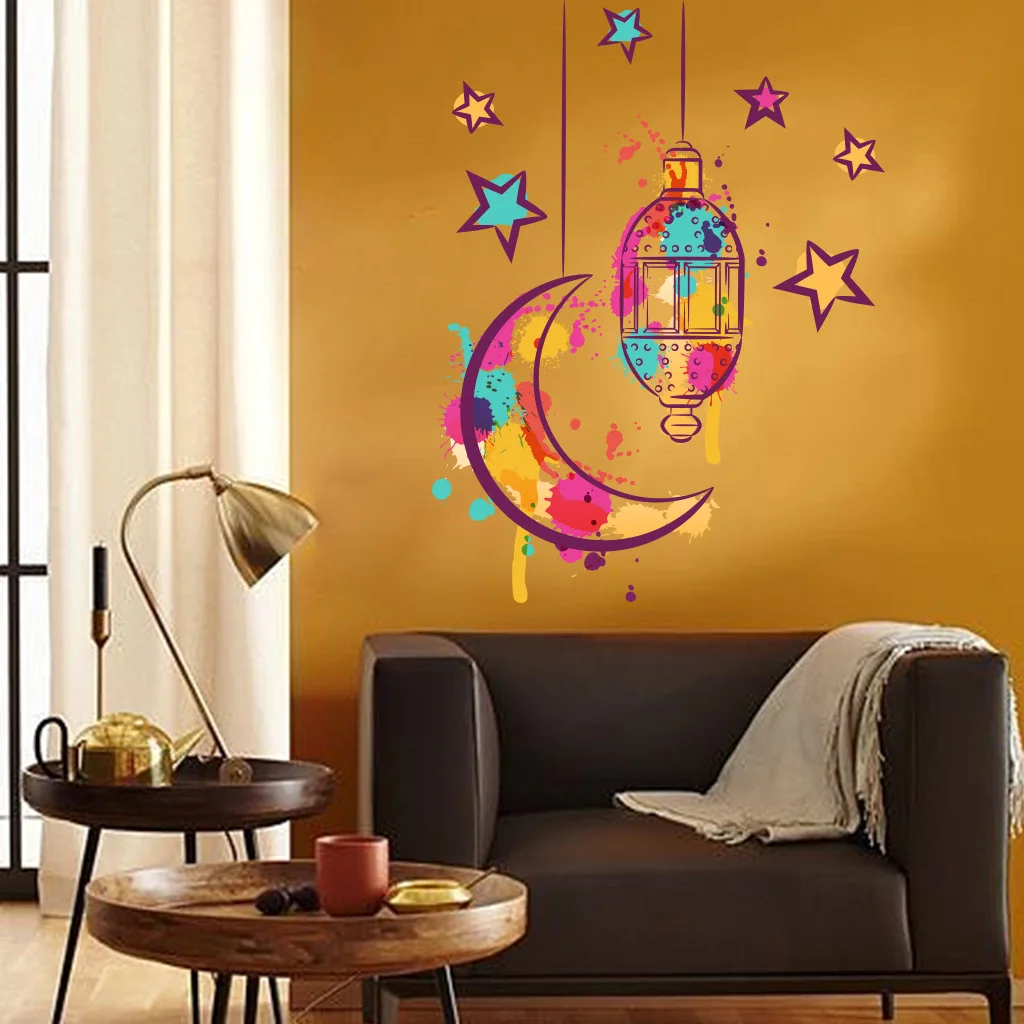 NEW Ramadan Kareem Wall Stickers Colorful Lantern Moon Star Wall Decal Ramadan Decoration 2024 Eid Mubarak Muslim Party Decor