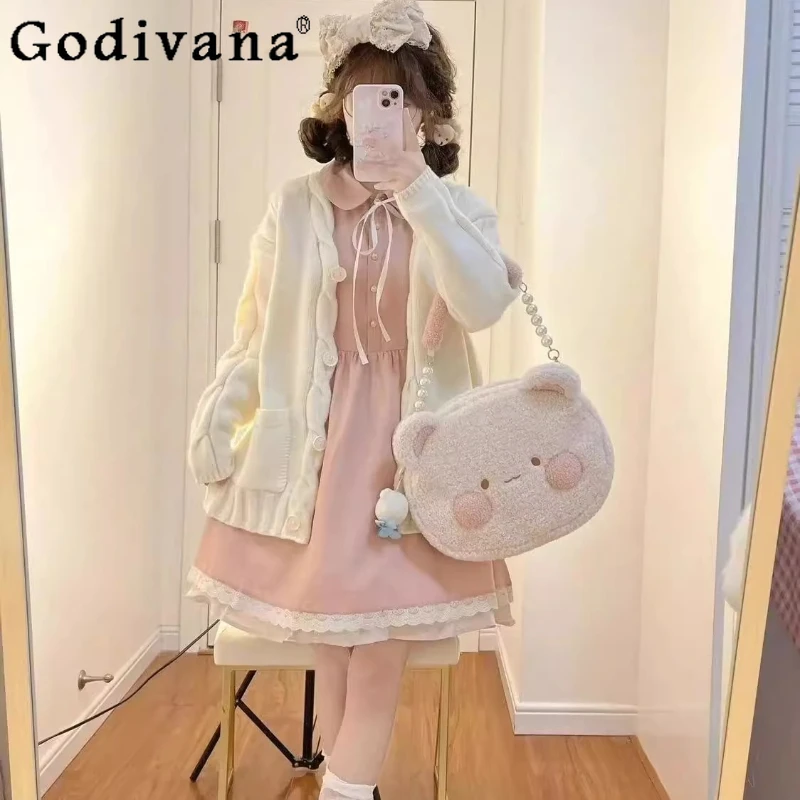 

Lolita Style Two Piece Set for Women White Sweater Coat and Pink Color Dress Suits Female Japanese Style Sweet Outfit