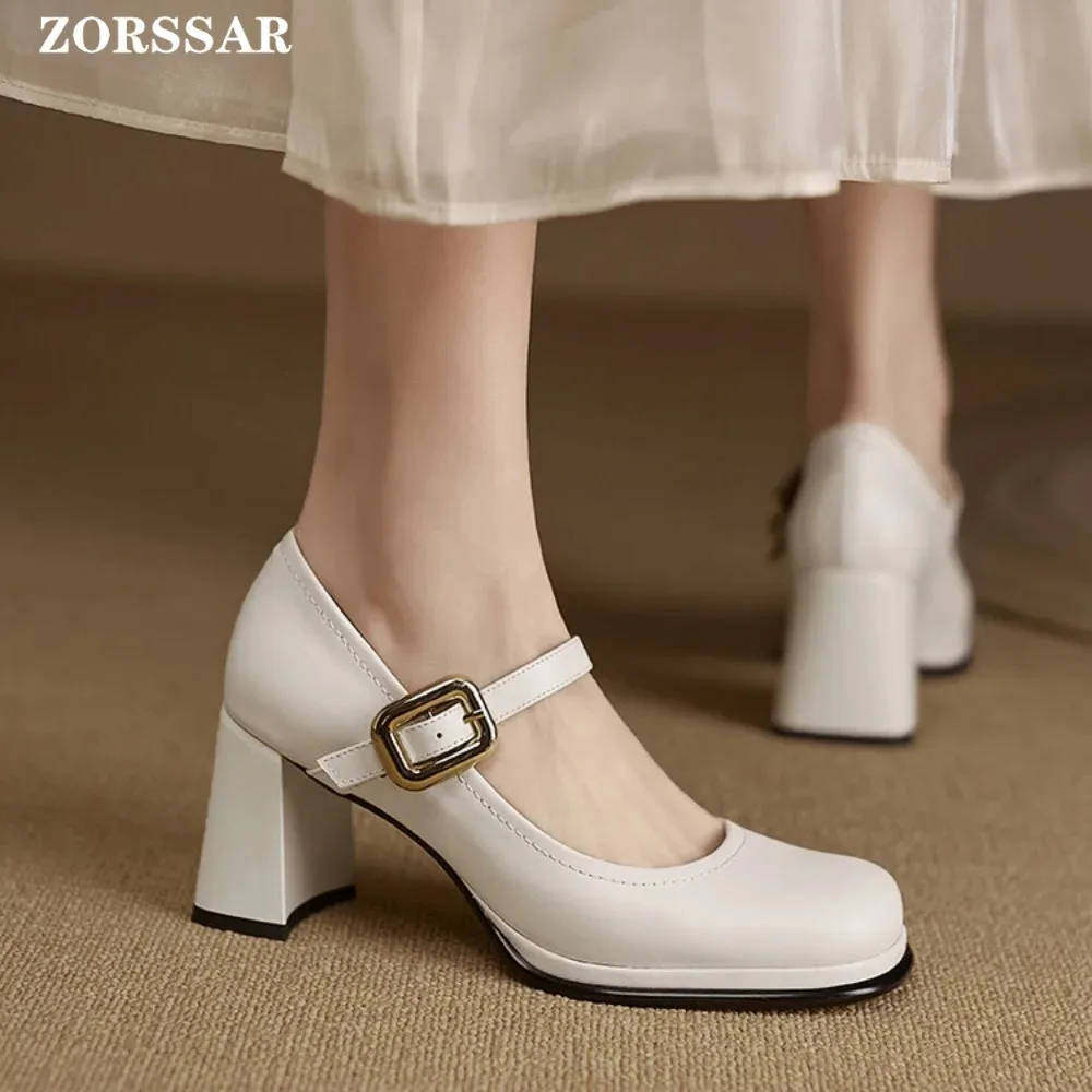 White Mary Jane Women Pumps Thick High Heels Shoes Female Lolita Square Toe Shoes Spring Fashion Office Lady Shoes Party Leather