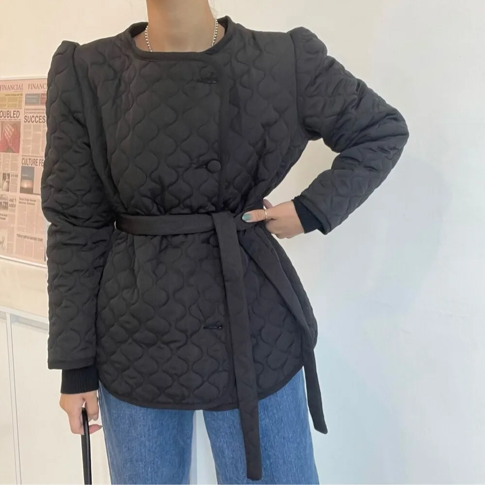 Retro Cotton Jaet Women's round Ne Simple Faion Single Button Belted Waist Cotton Clothes Autumn Winter Commute Sle