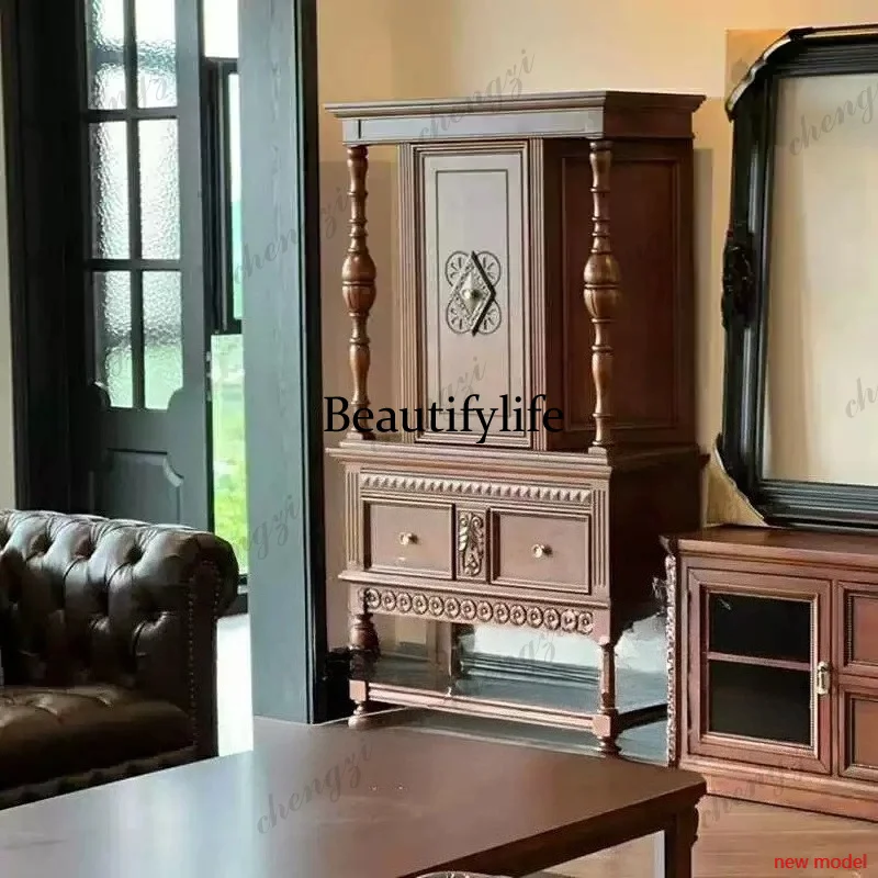 Asmt114American solid wood carving flower living room entrance cabinet French retro white old dining side cabinet Jane European