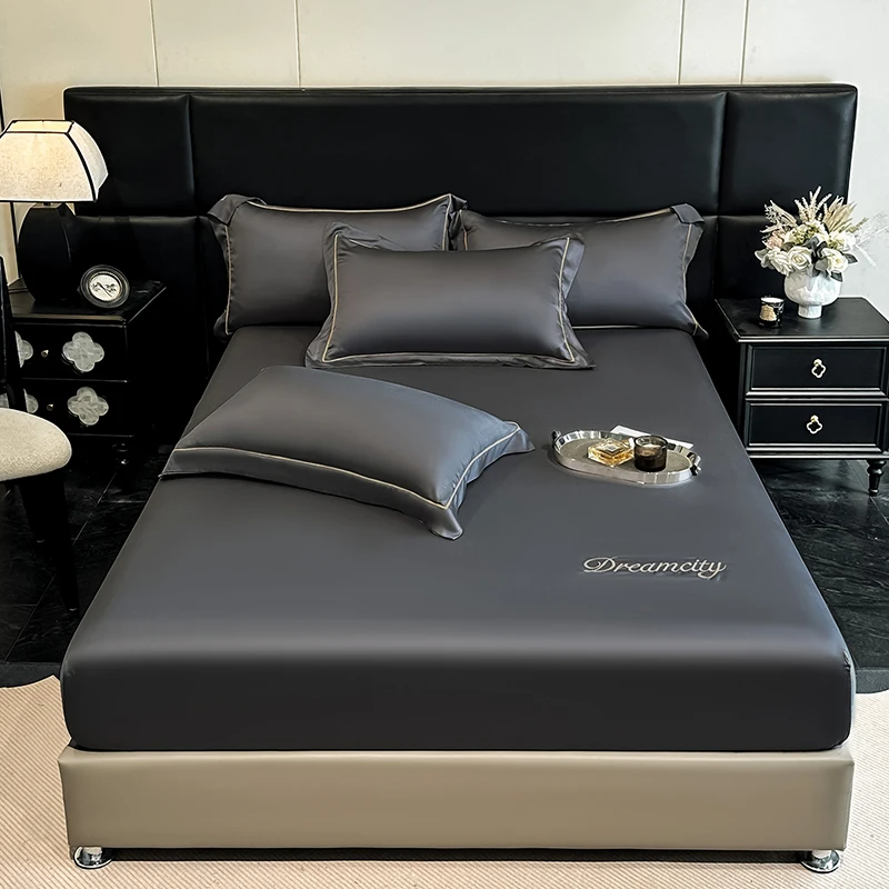 Luxuriöses Satin-Spannbettlaken Hochwertiger Einfarbiger Bestickter Matratzenbezug Mit Gummiband Bettlaken 140x200 160x200 Passgenau