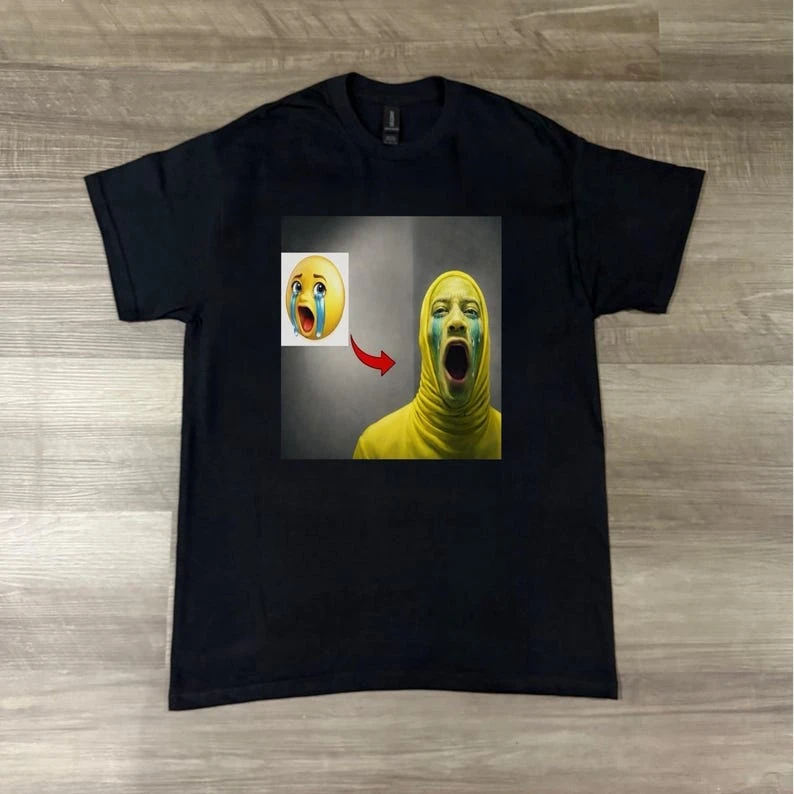 Emotional Tears Graphic Tee, Yellow Scream Mask Emoji Transformation Design, Crying Emoji Shirt