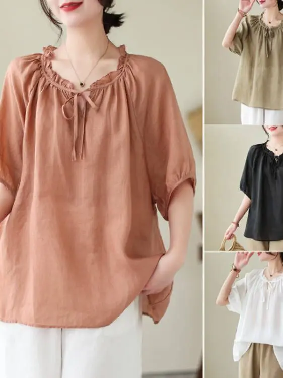 

Хлопково-льняная блузка с деревянными складками по центру, антивозрастной топ, женская премиум-одежда, летняя повседневная одежда