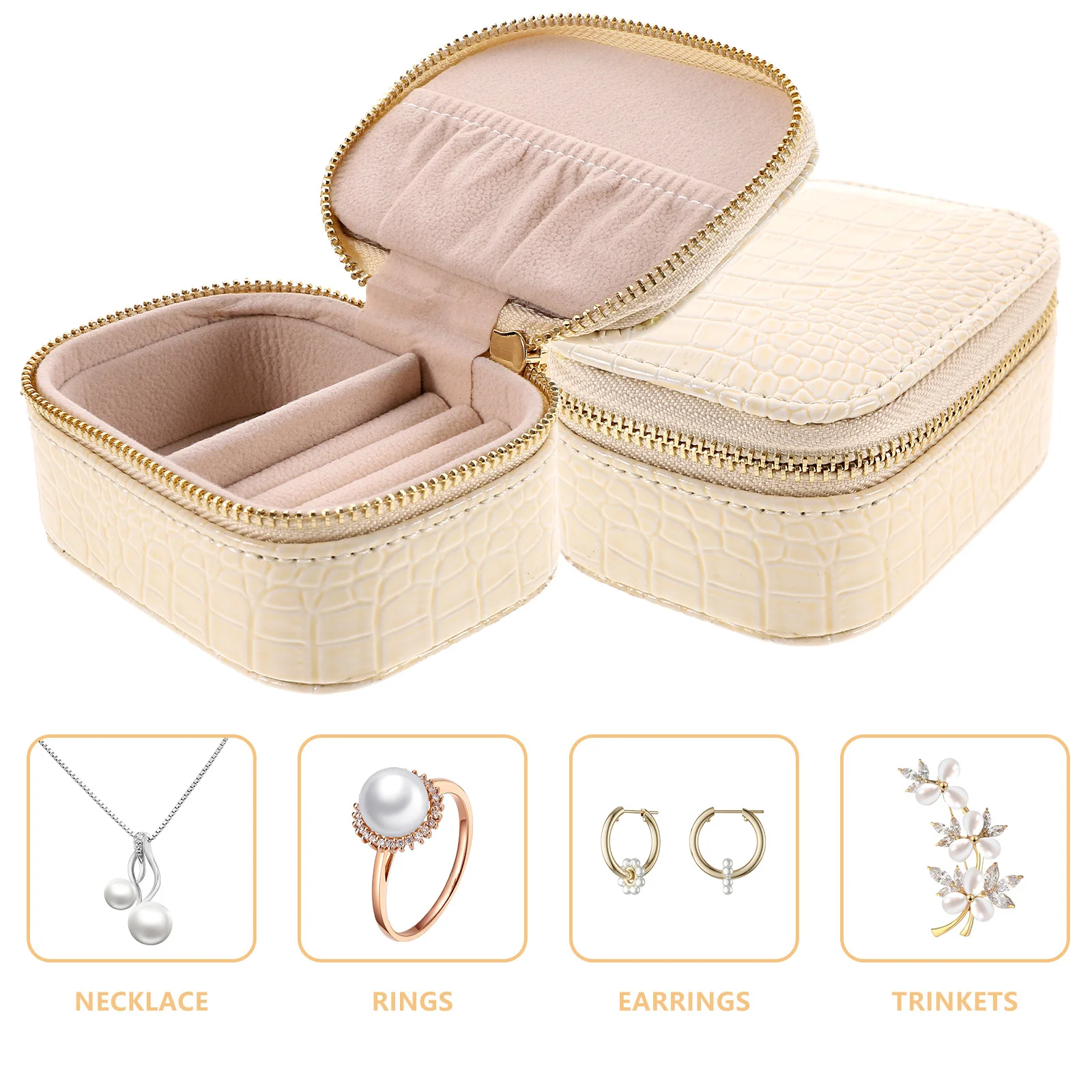

Compact Small Travel Zipper Jewelry Organizer Box PU Material Lightweight Storage Case for Women Girls Earrings Rings Necklace