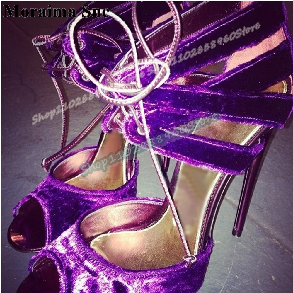 صنادل ضحلة من جلد الغزال الأرجواني الرائع أحذية عالية الكعب للنساء برباط علوي بمقدمة مفتوحة أنيقة أنيقة من Zapatos Para Mujer