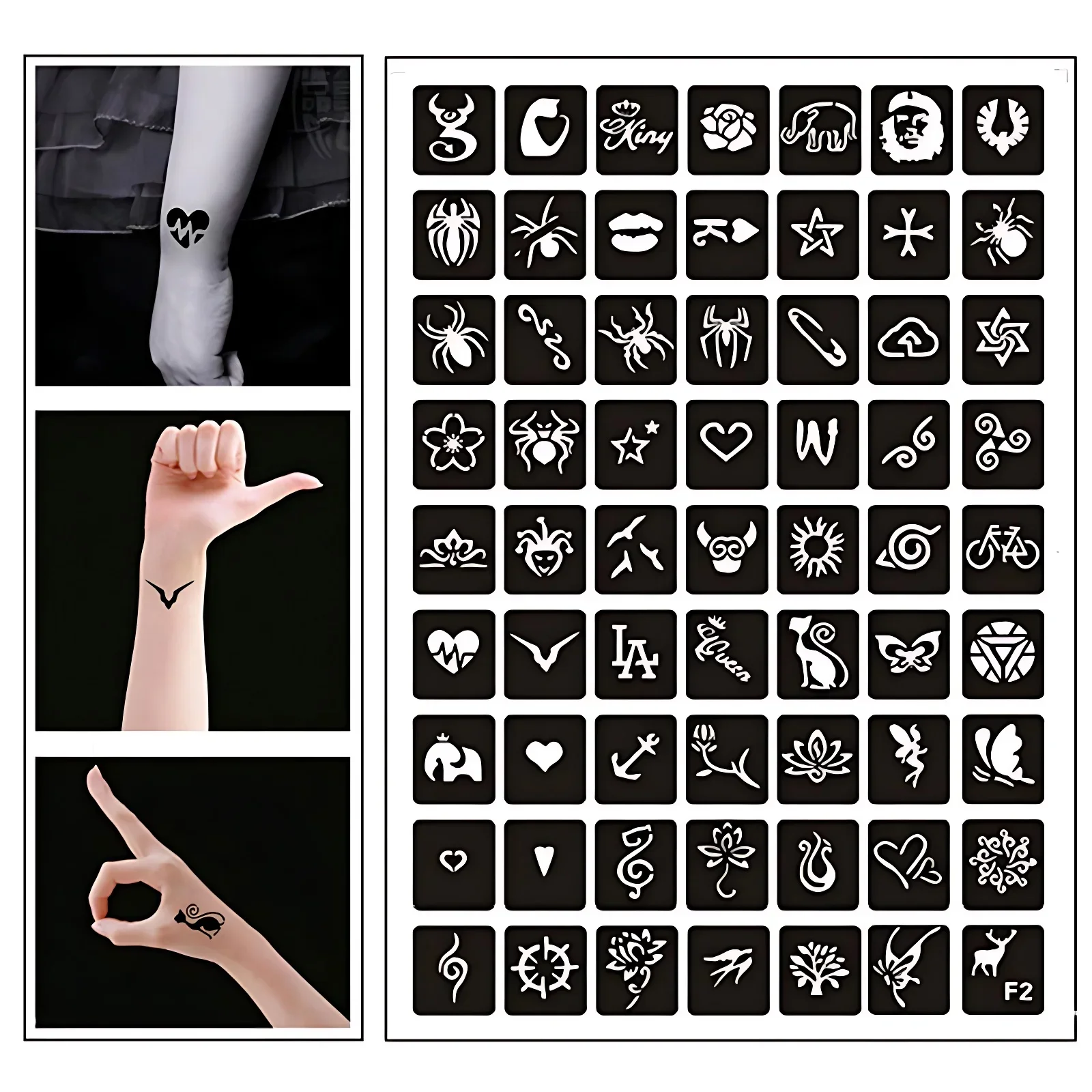 男性と女性のための再利用可能なヘナタトゥーテンプレート、タトゥー鉛筆、トーテム、蝶、クロス、エアブラシ、キラキラ、手、腕、指