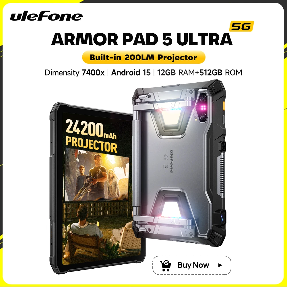 Ulefone Armor Pad 5 Ultra 5G Rugged Tablet Projector 24200mAh 120W Flash Charge Dimensity 7400x 12GB RAM 512GB ROM