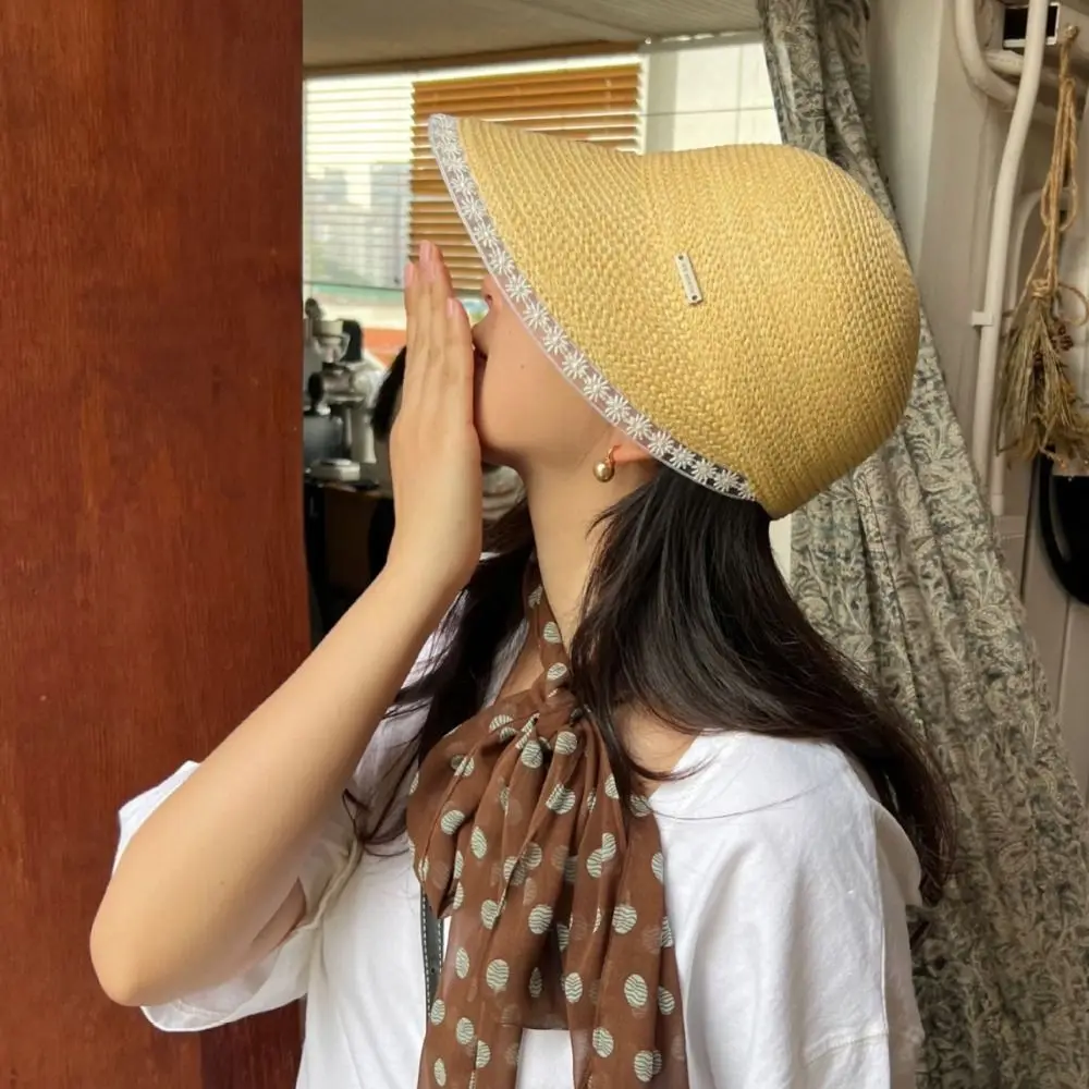 

Fashion UV Protection Lace Straw Hat Weave Flower Lafite Hat Daisy Beach Sun Hat Sunscreen Hat Vacation
