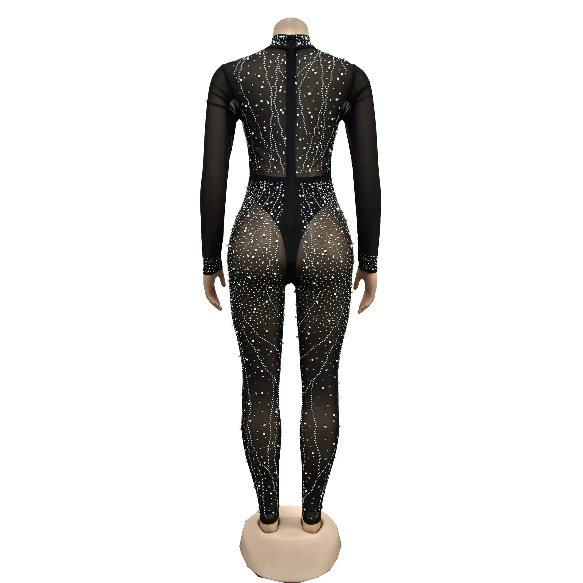 Sexy Party Party Club Nightclub Banquet Solid Color Mesh Stamping Drill Long Sleeve Pants Jumpsuit