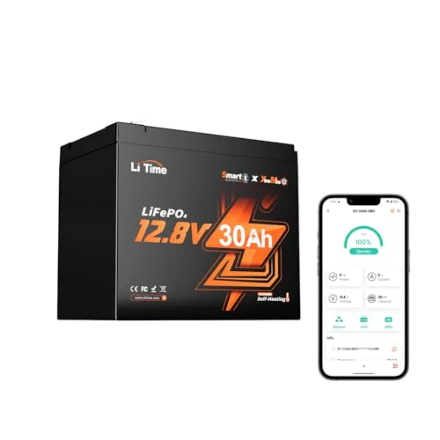 

12V 30Ah Ice Fishing Portable Bluetooth LiFePO4 Battery 12 Volt Mini Self-Heating Lithium Battery 4000+ Deep Cycle Built-in BMS