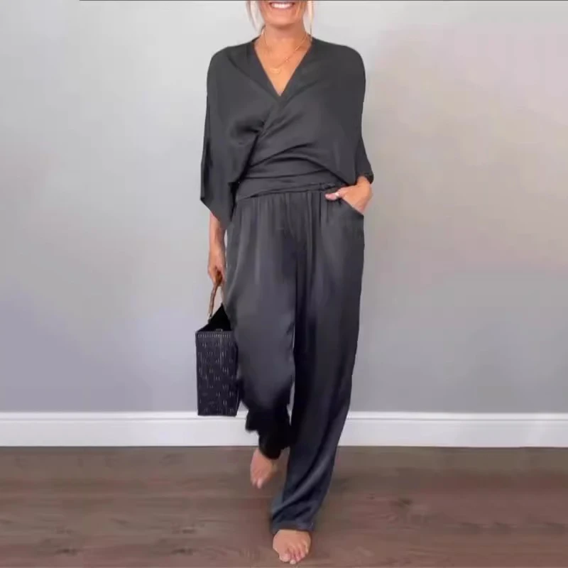 

Женский летний модный комплект из двух предметов, однотонный атласный комплект из топа с короткими рукавами и брюк