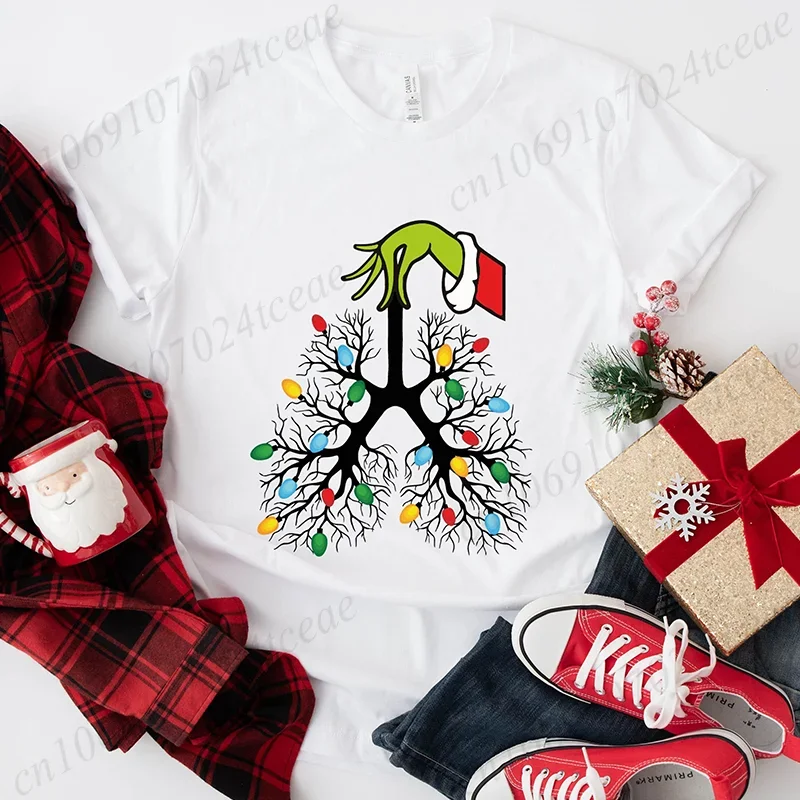 Christmas Nurse T-Shirts for Women Lung Christmas Lights Shirts Respiratory Therapist Tee Funny Pulmonologist X-mas T-Shirt Top