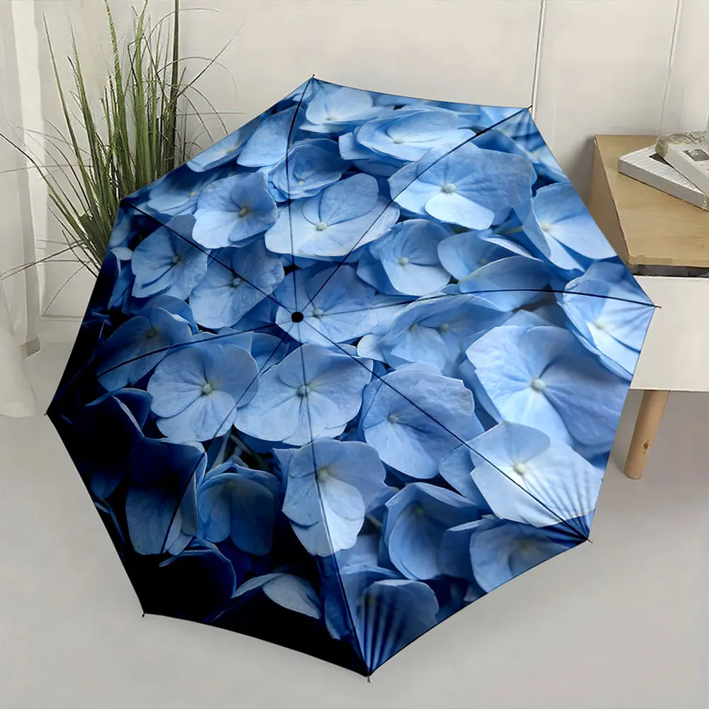 1PC Blue Blossoms: A Radiant Umbrella Design Print 8 Iron Ribs Folding Umbrella Auto-Open Fashion Sunshade