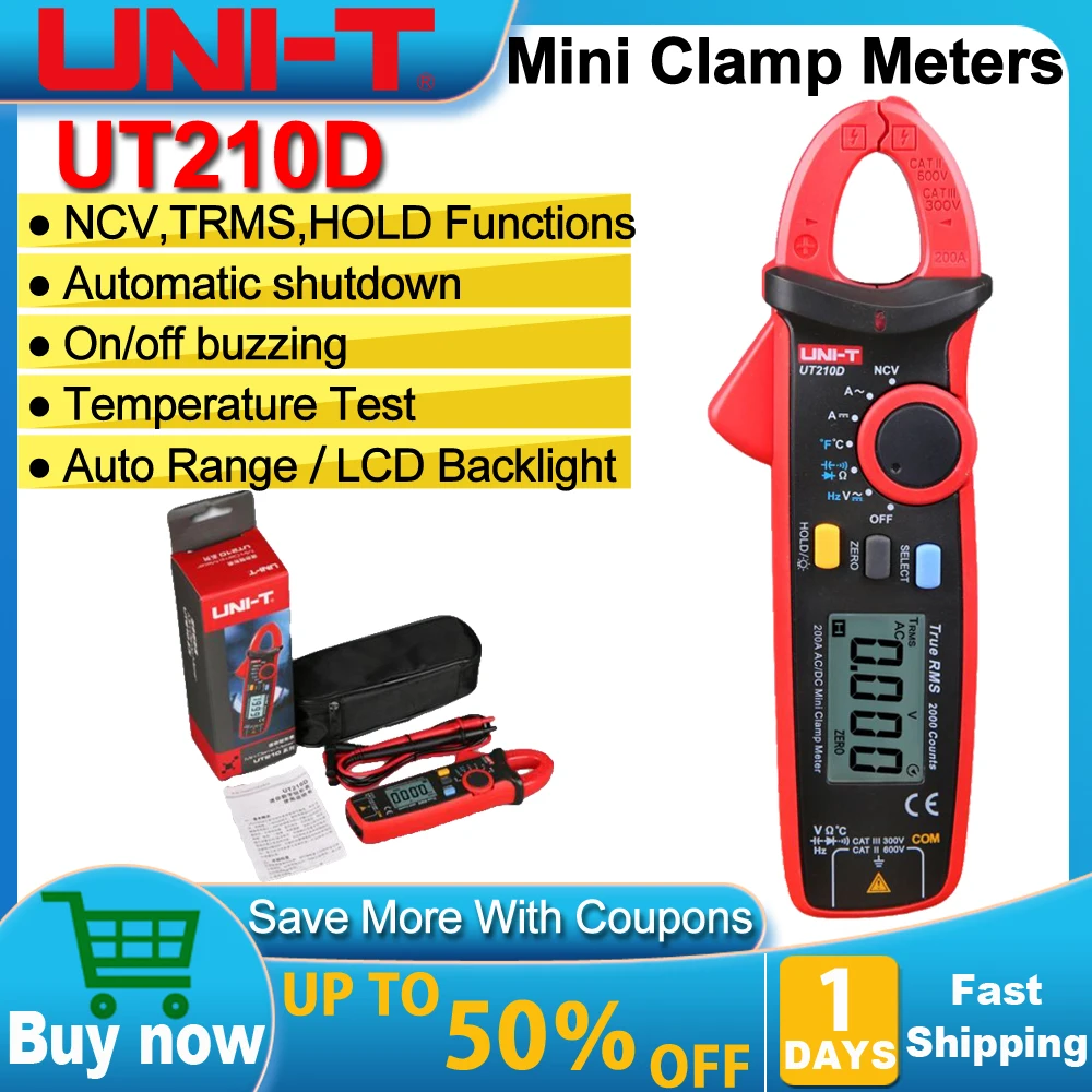 UNI-T UT210D AC DC Current Clamp Meter True RMS Voltage Resistance Capacitance Meter Digital Ammeter Pliers Auto Range