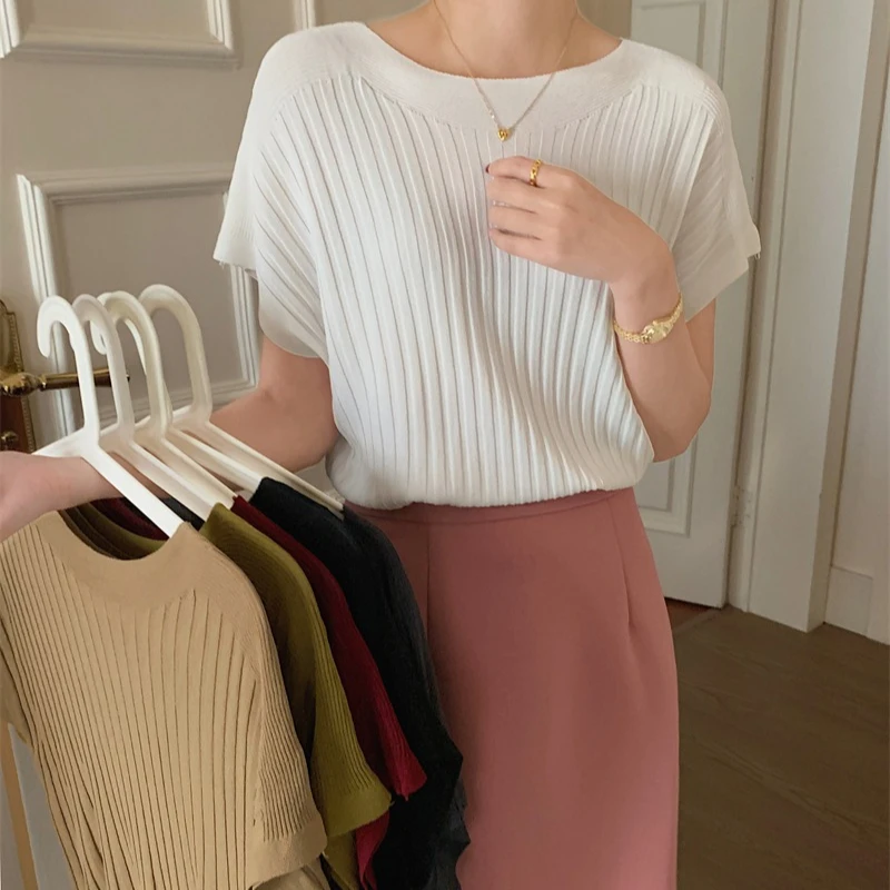 

Весенне-летние вязаные женские футболки с рукавами «летучая мышь», новинка 2025, однотонные повседневные свободные рубашки с круглым вырезом, трикотажные топы, женские топы