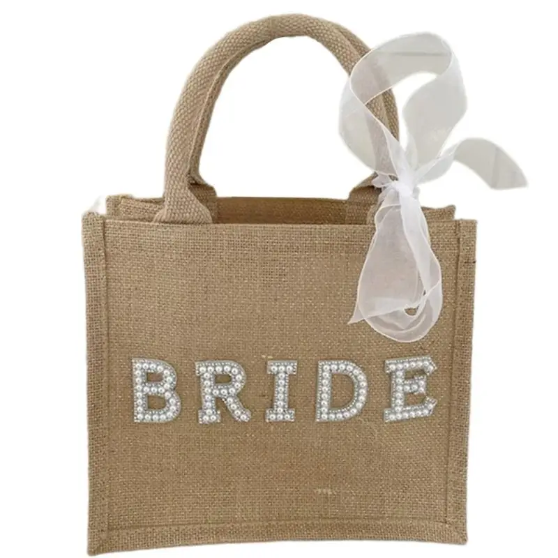 P9FE Handmade Pearls Letter Burlap Bag Bride Bag For Shopping And Travel Vacation
