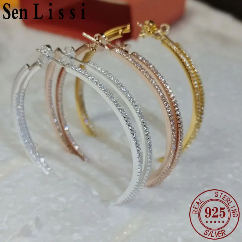 

SENLISSI-18K Gold Cuff Hoop Earrings For Women 925 Sterling Silver Zircon Simple Fine Cерьги Kольц Wedding Statement Jewelry