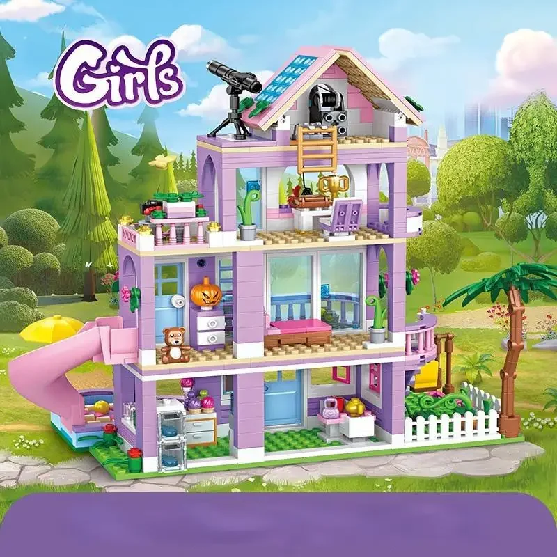 Ville amis fille Villa blocs de construction MOC trois étages bâtiment cocotier toboggan maisons figurines briques jouets pour enfants cadeaux