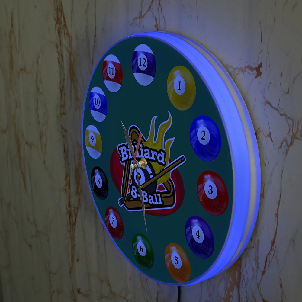 Billiards LED Night Light Wall Clock For Pool Hall Game Room Pool Snooker Modern Design Luminous Wall Watch Billiard Player Gift