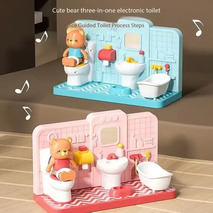 Cartoon Bär Simulation Badezimmer Spielzeug Lustige Elektronische Toilette Mini Badezimmer Möbel Set Kinder Spielen Haus Toilette Puzzle Spielzeug