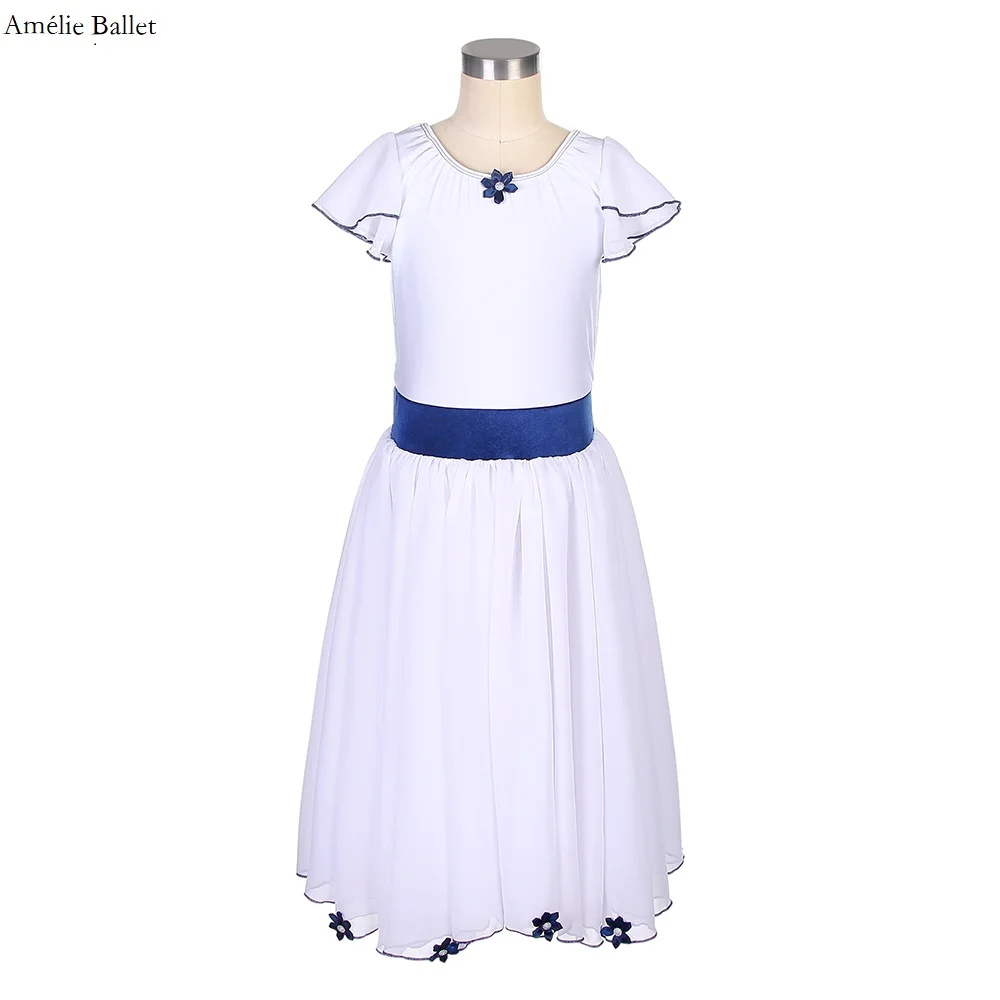 

22108 White Spandex Bodixe with Cap Sleeves and Long Chiffon Skirt for Girls & Women Ballet Costume Performance Dancewear