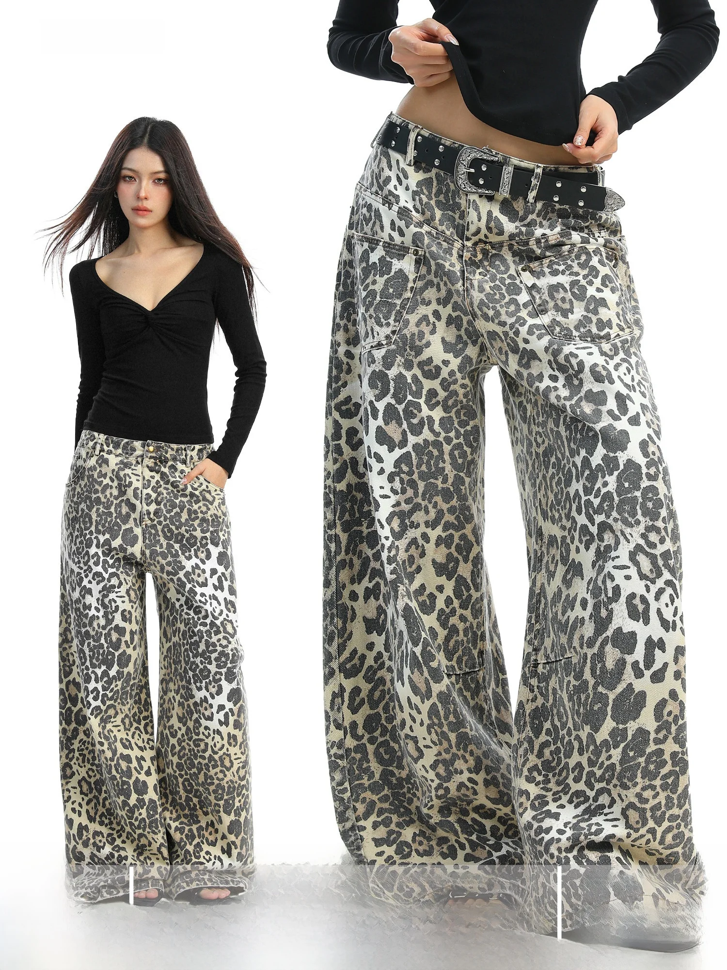 

American Sle Leopard Print Front And Ba Wearable Loose Wide Leg Jeans Women's Straight Leg Floor Length Pants