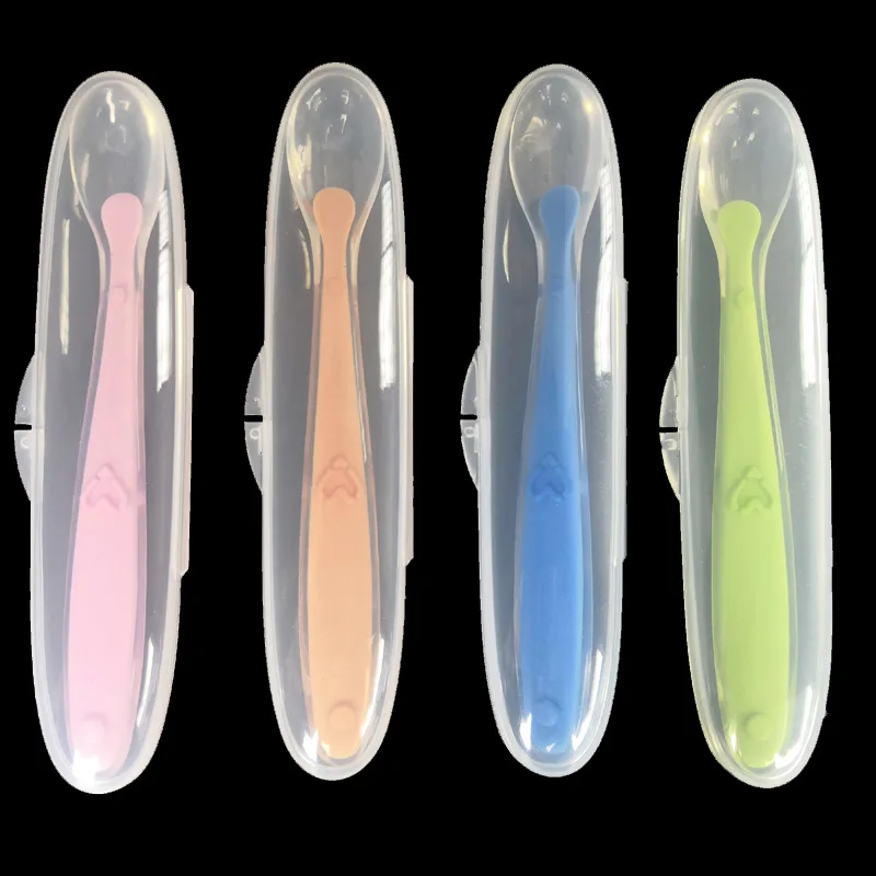 Baby Temperature Sensing Training Spoon Safe Silicone Feeding Spoon With Box Bendable Spoon Pocket Baby Utensil Food Tableware