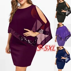 Premium Women Dress Big Size Elegant Sequin Splicing Bodycon Dress with Belt for Women Cape Sleeve Slim Fit Evening Party Dress