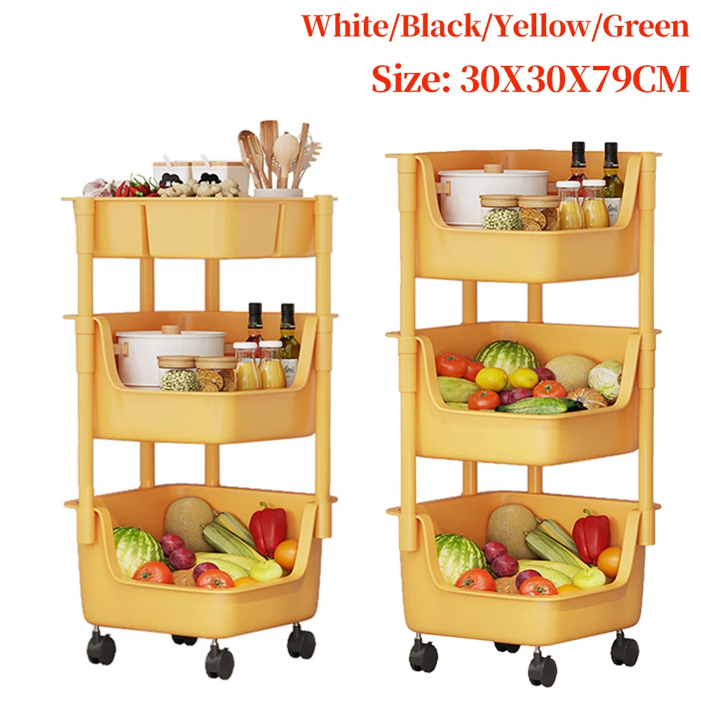 3 Tier Fruit Vegetable Storage Basket with Lockable Wheels Rolling Utility Rack Organizer Bins for Kitchen, Pantry, Bathroom