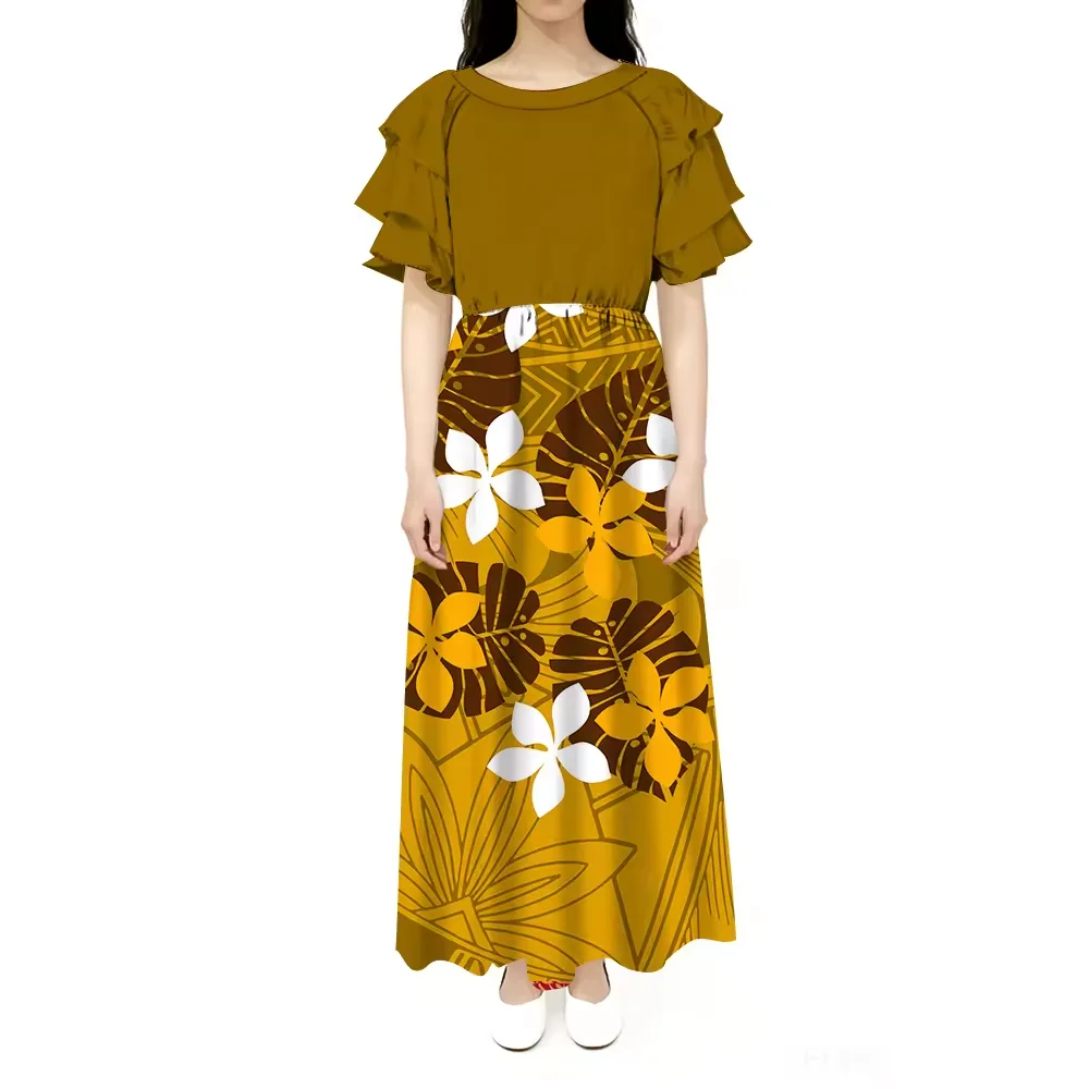 

Новинка: Платье-туника с принтом в гавайском стиле, женское повседневное длинное платье с двойным слоем и оборками, с коротким рукавом, индивидуальный пошив