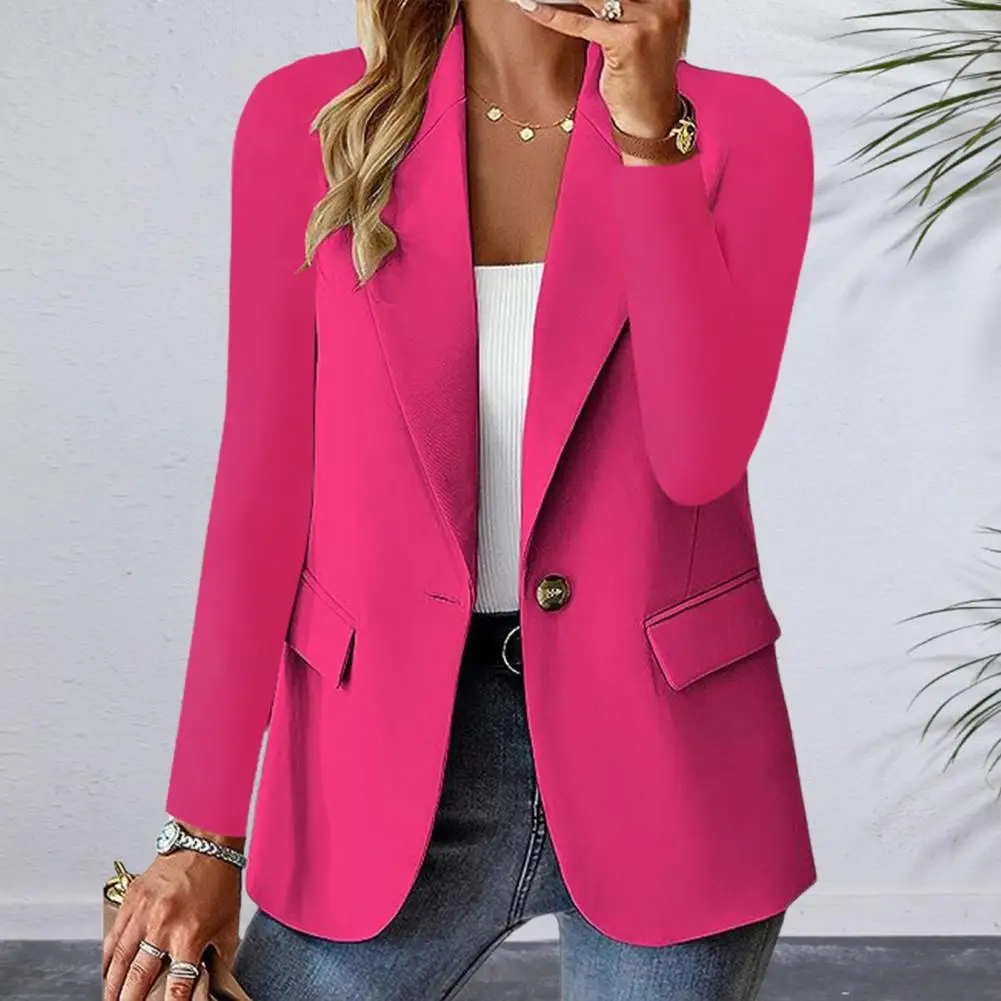 Women Suit Coat Lapel Long Sleeve Single Button Suit Jacket with pockets Solid Color Loose Fit Blazer Business Outwear Workwear