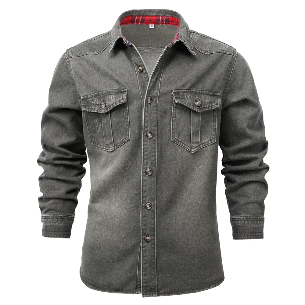 Men's Denim Shirt Casual Multi-Pocket Cargo Jean Top Classic All Match Lapel Long Sleeve Cotton Outerwear Gray Army Green