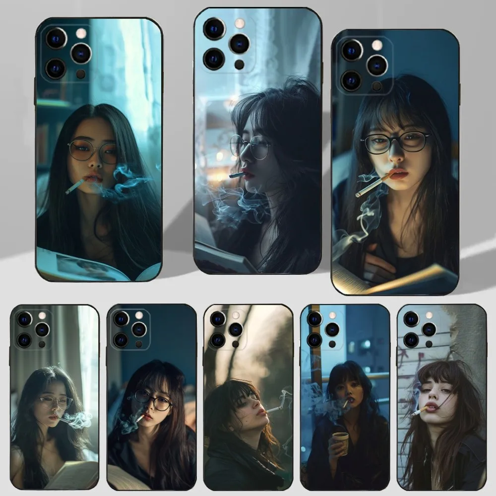 

Woman Smoke Atmosphere Phone Case For iPhone 16,15,14,13,12,11 Plus,Pro Max,XS,X,XR,SE,Mini,8,7 Soft Silicone Black Cover