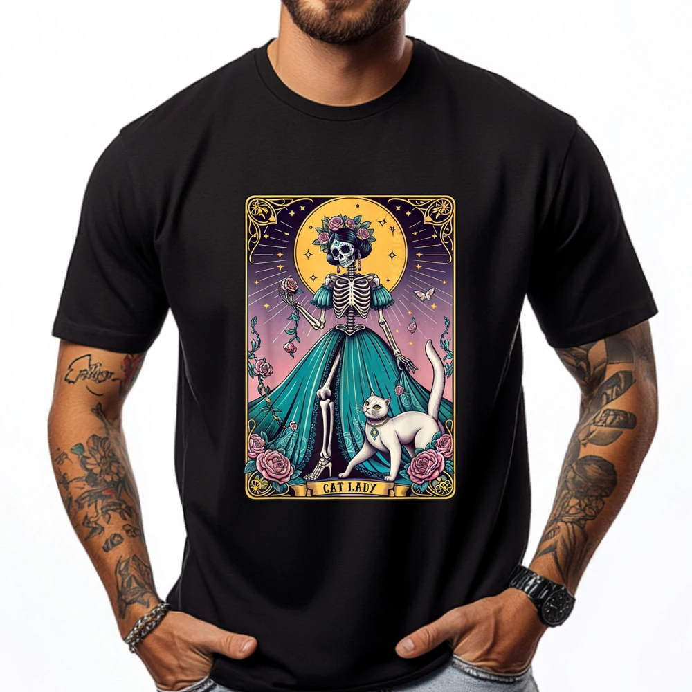 

Cat Lady Tarot Card Skeleton Woman Funny Cat Lover Oversized T Shirt Men Vintage Thanksgiving