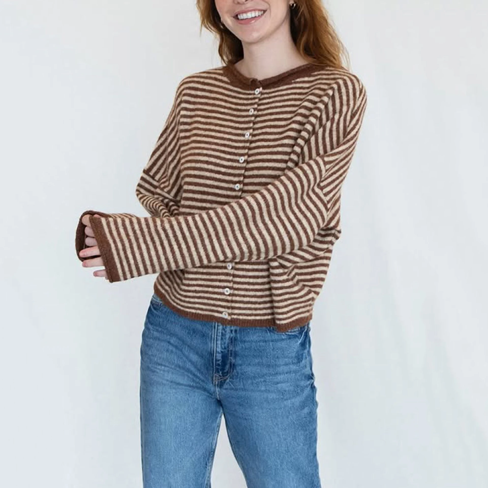 Mode Gestrickte Stripped Strickjacke Frauen Herbst Casual Pullover Einreiher Rundhals Dame Kurze Strickjacke Weibliche Strickwaren Top