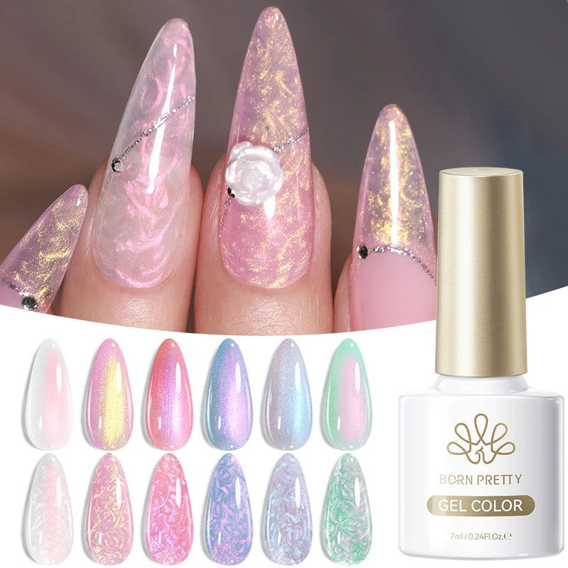 BORN PRETTY 6-teiliges Auroras Thread Shell Gel Nagellack-Set 7ML Weiße Perlentextur Semi-Permanenter Soak-Off Nagelkunst-Gel-Lack – Detail 1