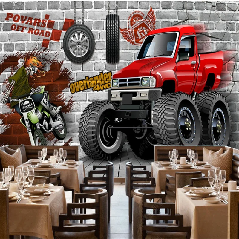 

Retro 3D Brick Wall Mural Car Breaks Out Of The Restaurant Wallpapers Industrial Decoration Industrial Background Wall Paper