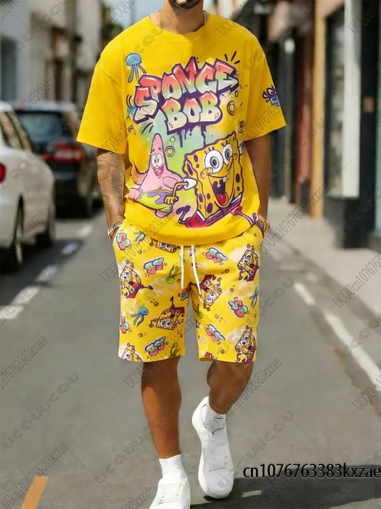 

Новые летние комплекты спортивных костюмов с принтом мультфильма Губка Боб, комплекты с короткими рукавами + шорты, повседневная уличная одежда, комплект для пляжного отдыха, мужская одежда
