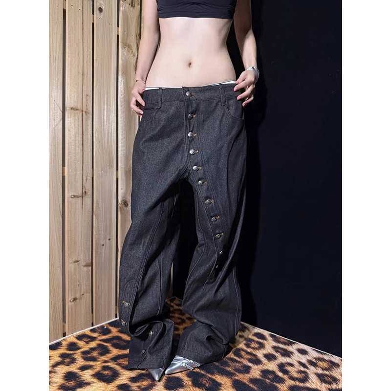 ZHIZOU Women's Black Gothic Y2k Jeans Vintage 2000s Hiphop Grunge American Style Jeans Pants Baggy Wide Leg Denim Pants Clothes