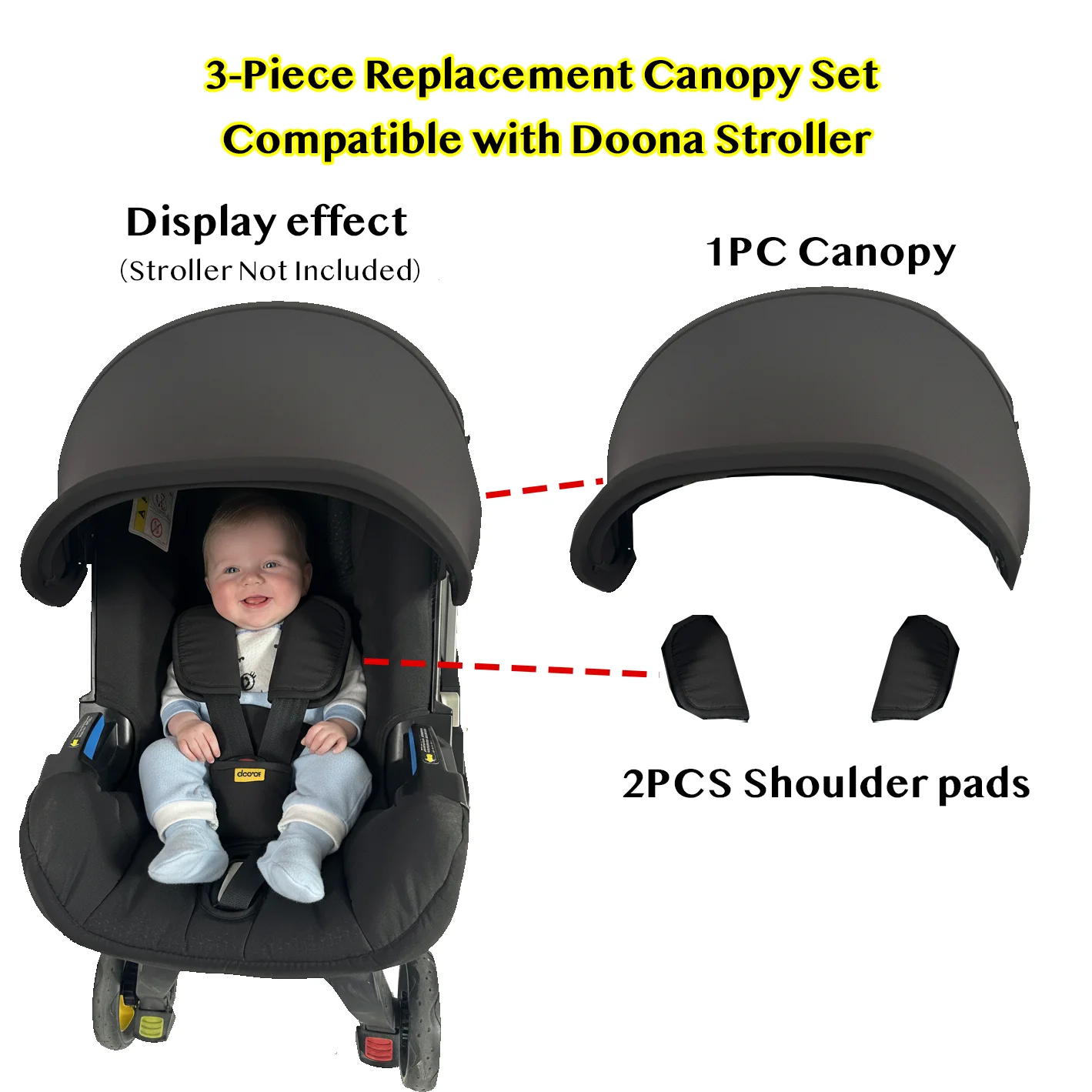 Capota y almohadillas para los hombros de color rosa/negro/caqui para Doona, compatibles con el asiento de coche Doona+ / Doona i, sombrilla para cochecito de bebé
